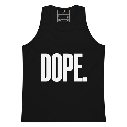 A black sleeveless tank top with the word 'DOPE.' printed in large white block letters across the front, shown on a plain white background.