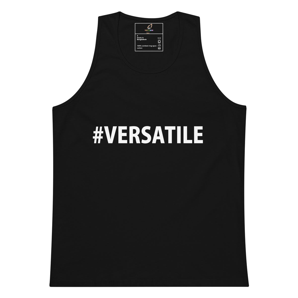 A black sleeveless tank top with the hashtag text '#VERSATILE' printed in bold white capital letters across the chest, shown on a plain white background.