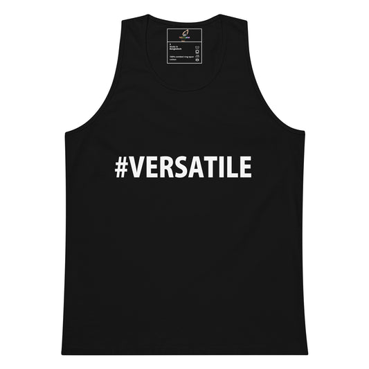 A black sleeveless tank top with the hashtag text '#VERSATILE' printed in bold white capital letters across the chest, shown on a plain white background.