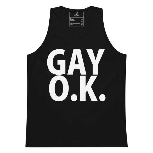 A black sleeveless tank top with the words 'GAY O.K.