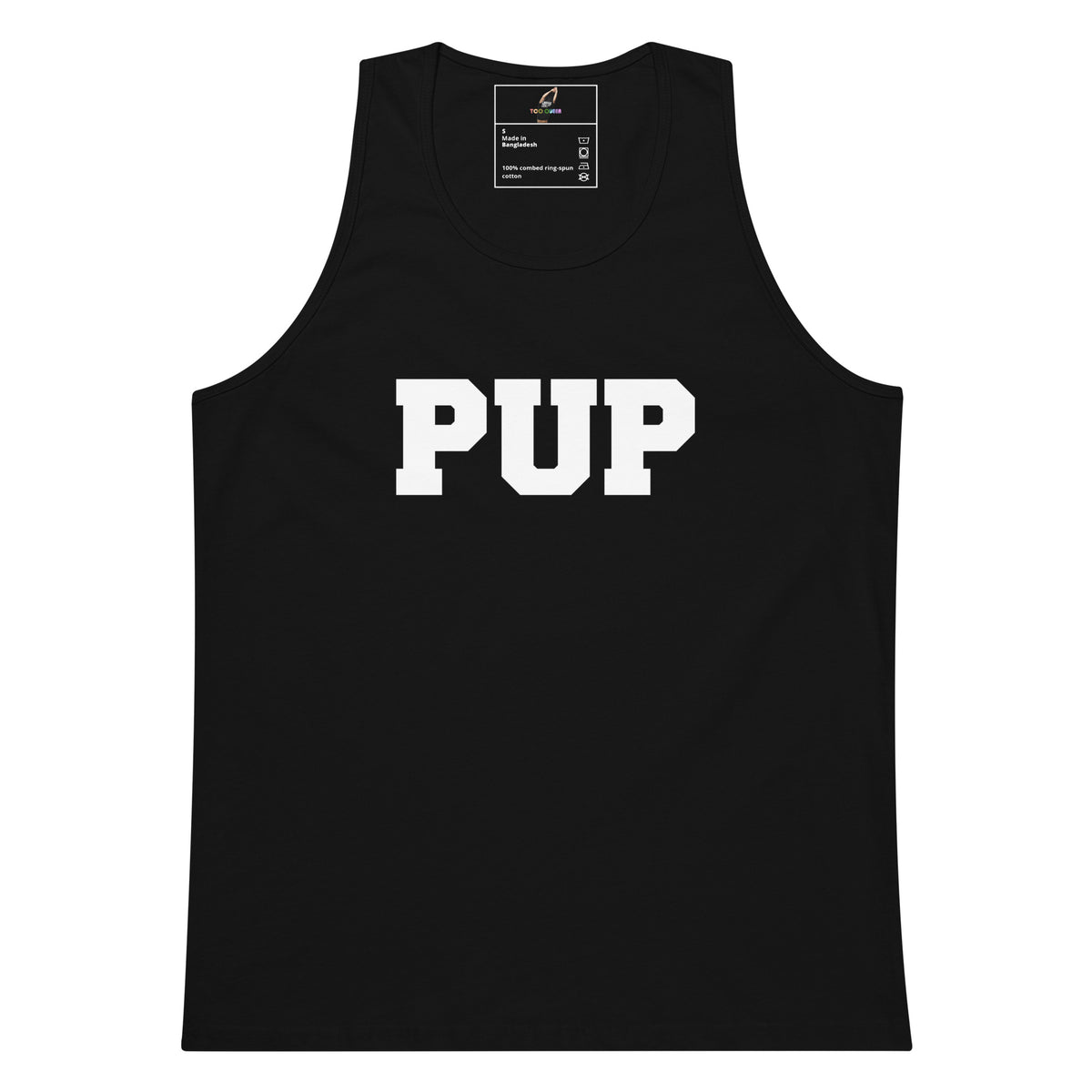 A black sleeveless tank top with the word 'PUP' printed in large white varsity-style block letters across the chest, shown on a plain white background.