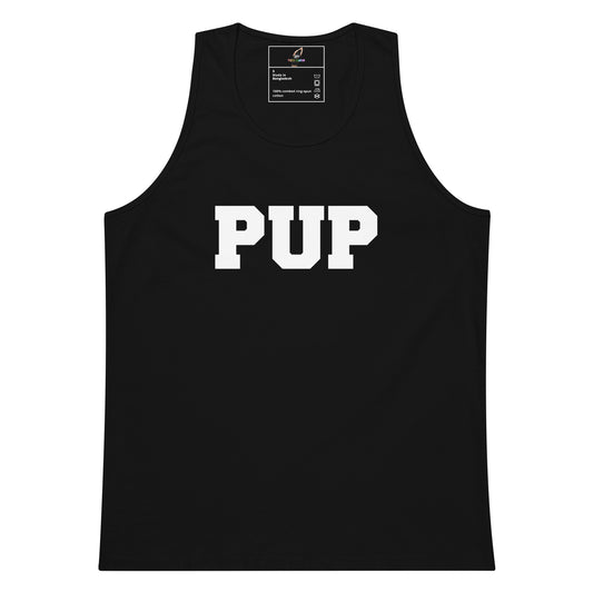 A black sleeveless tank top with the word 'PUP' printed in large white varsity-style block letters across the chest, shown on a plain white background.