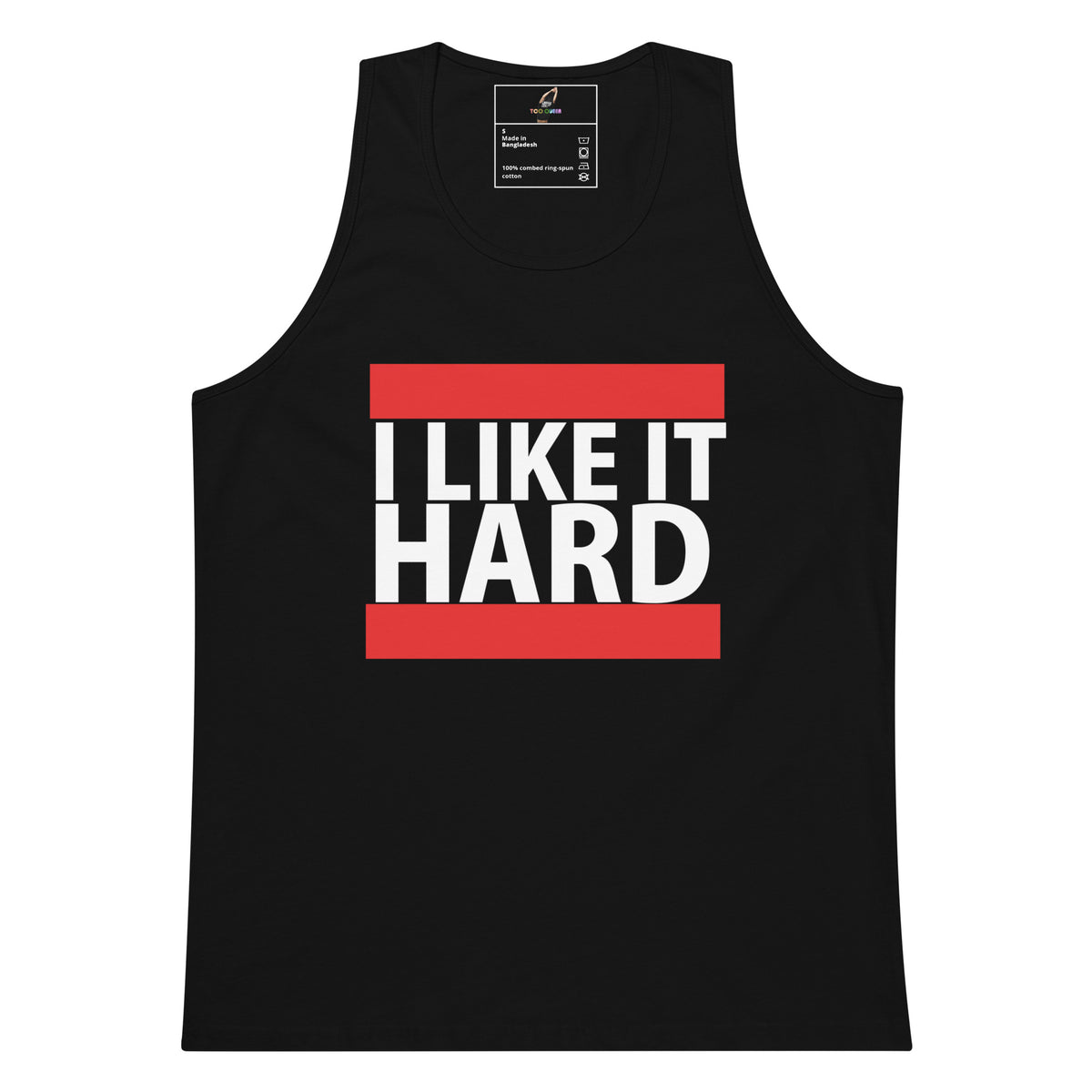 A black sleeveless tank top with a bold graphic on the chest reading 'I LIKE IT HARD' in white text between two red horizontal bars, shown on a plain white background.