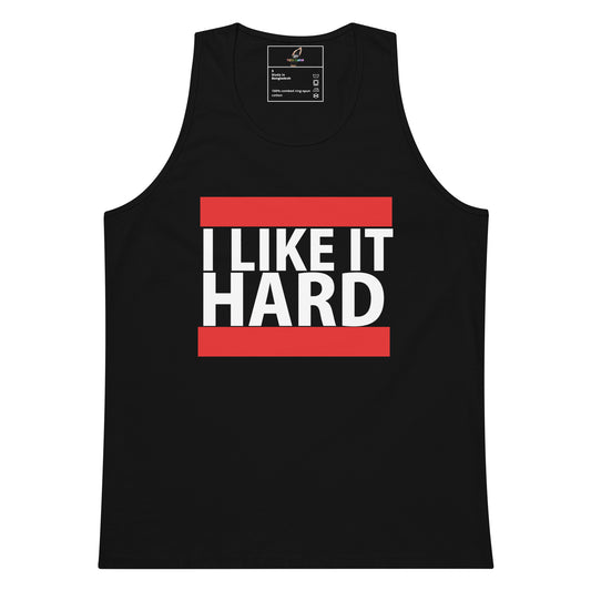 A black sleeveless tank top with a bold graphic on the chest reading 'I LIKE IT HARD' in white text between two red horizontal bars, shown on a plain white background.