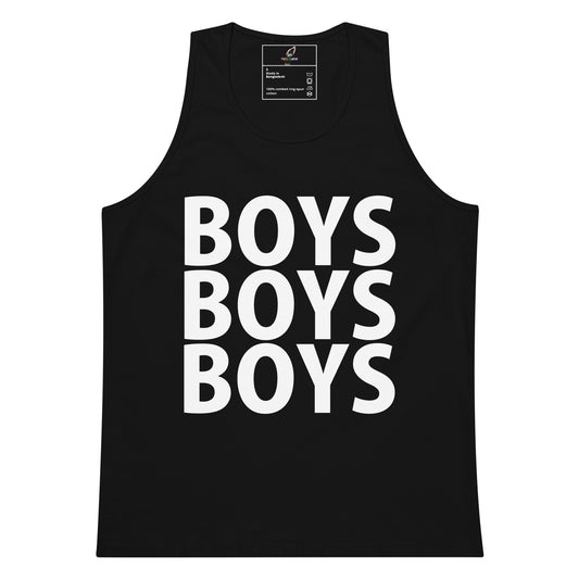 A black sleeveless tank top with the word 'BOYS' printed vertically three times in large white block letters on the front, shown against a plain white background.