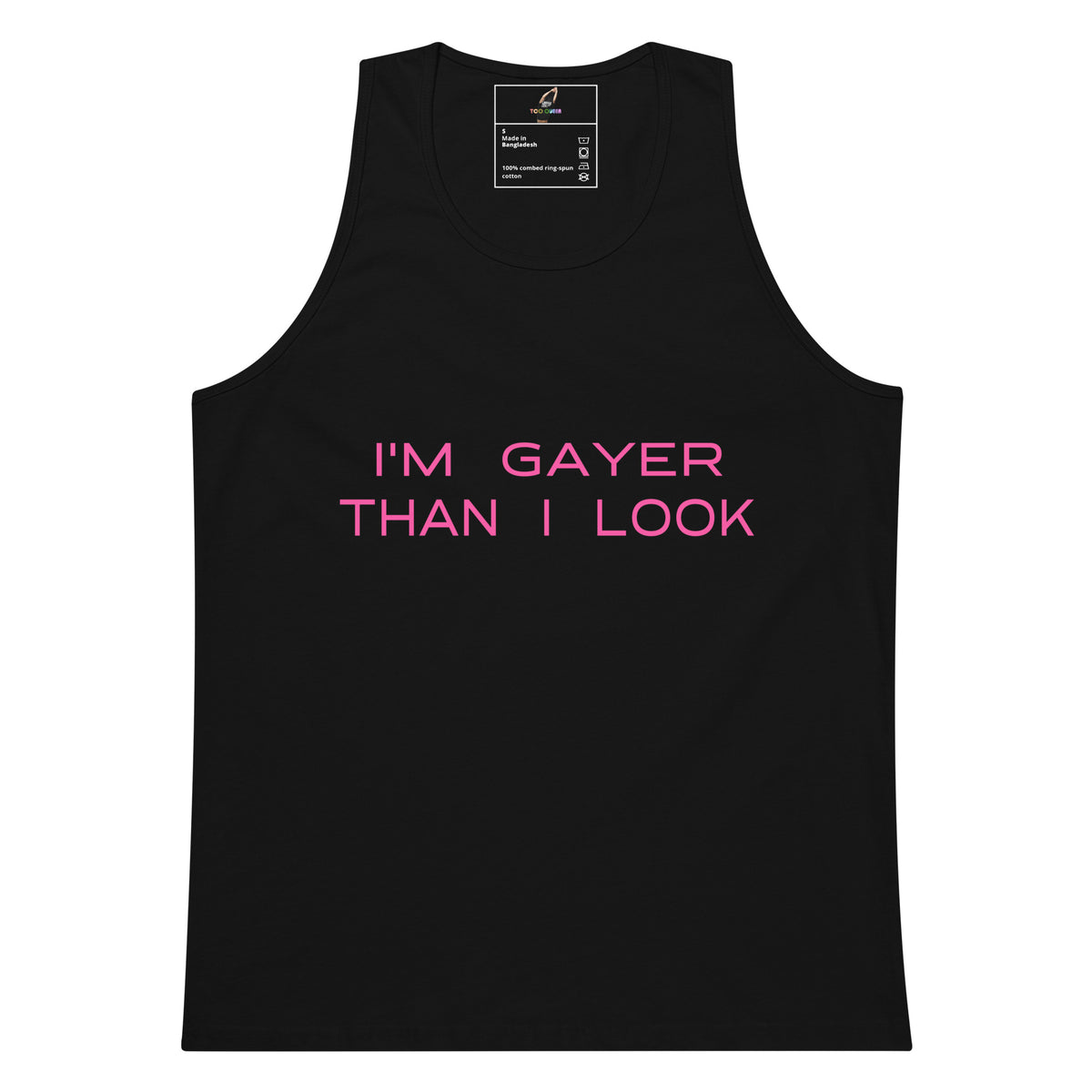 Dark gray tank top with a white logo on the chest against a white background