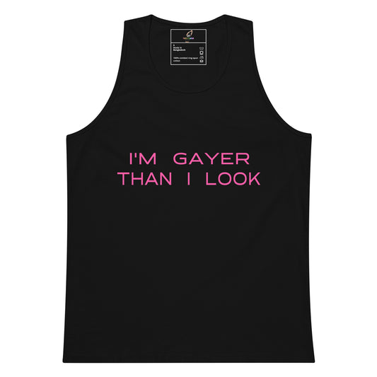 Dark gray tank top with a white logo on the chest against a white background