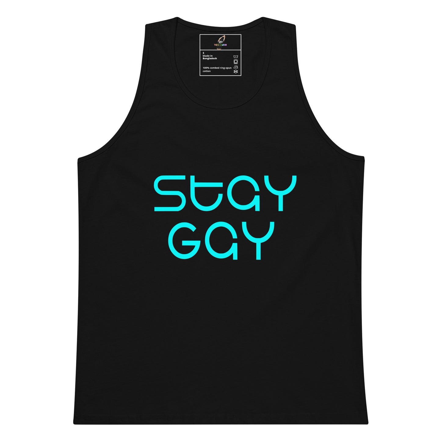 A black sleeveless tank top with the words 'STAY GAY' printed in a bright turquoise outline font across the chest, shown on a plain white background.