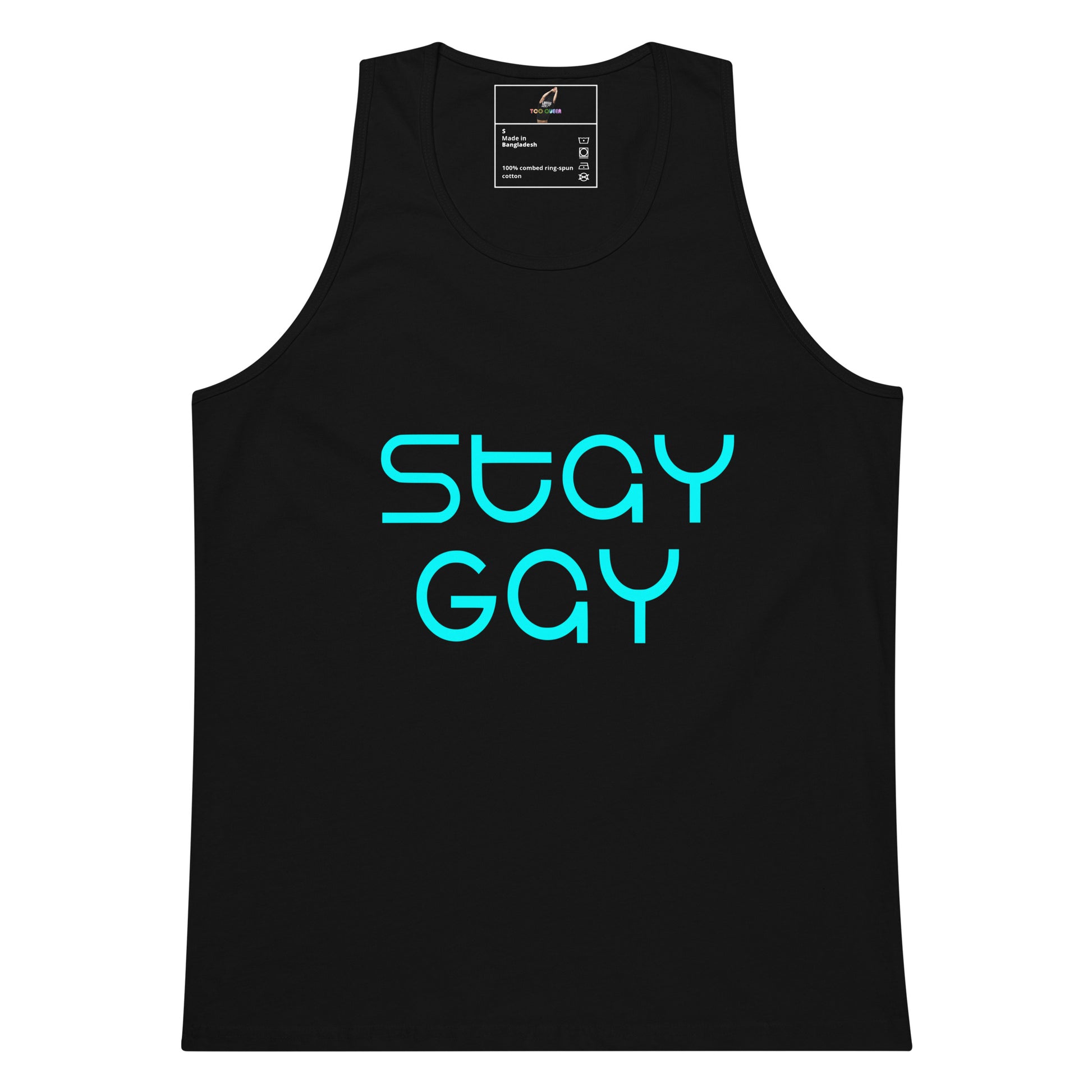 A black sleeveless tank top with the words 'STAY GAY' printed in a bright turquoise outline font across the chest, shown on a plain white background.