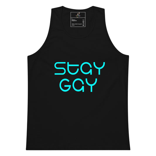 A black sleeveless tank top with the words 'STAY GAY' printed in a bright turquoise outline font across the chest, shown on a plain white background.