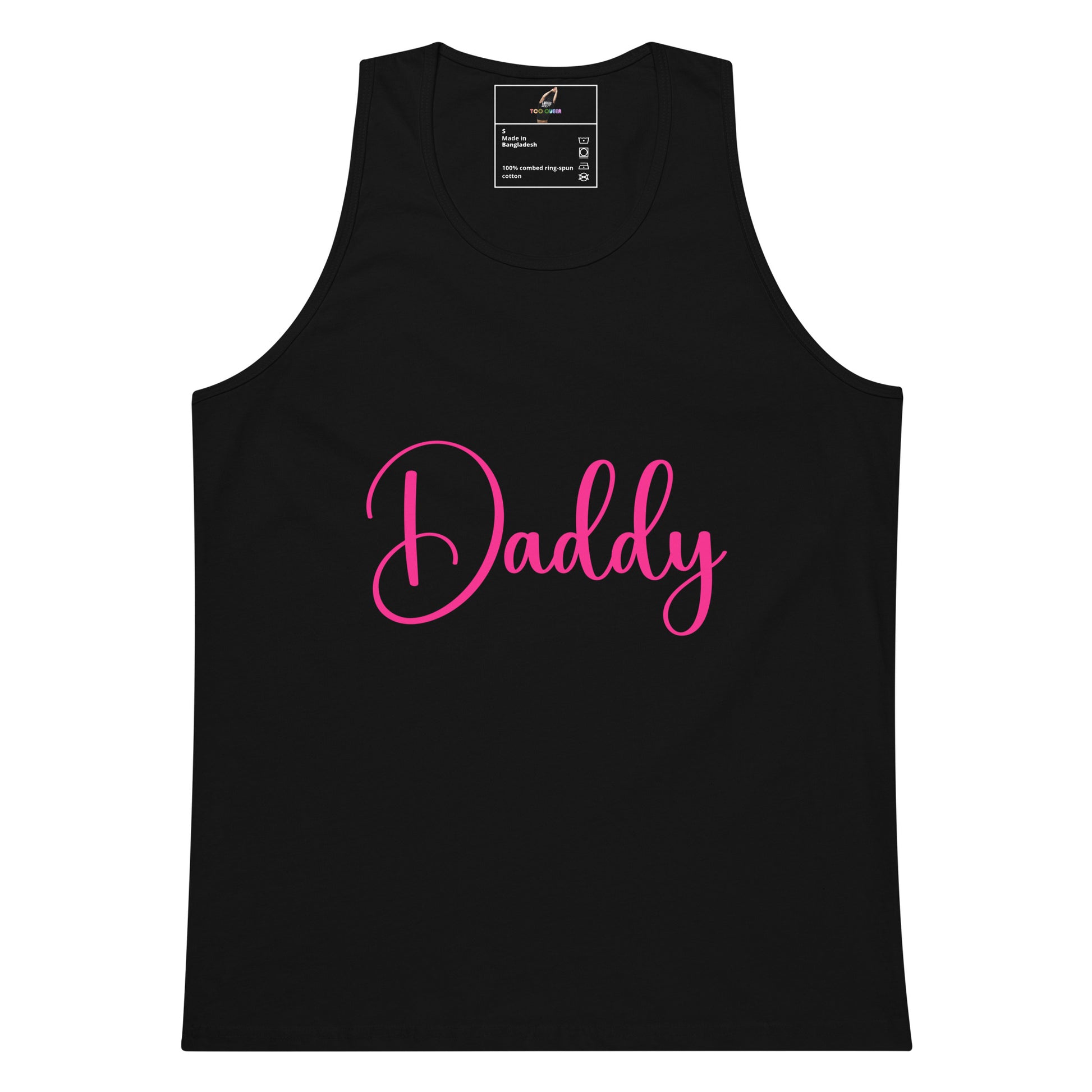 A black sleeveless tank top with the word 'Daddy' printed across the chest in bright pink cursive script, shown on a plain white background.