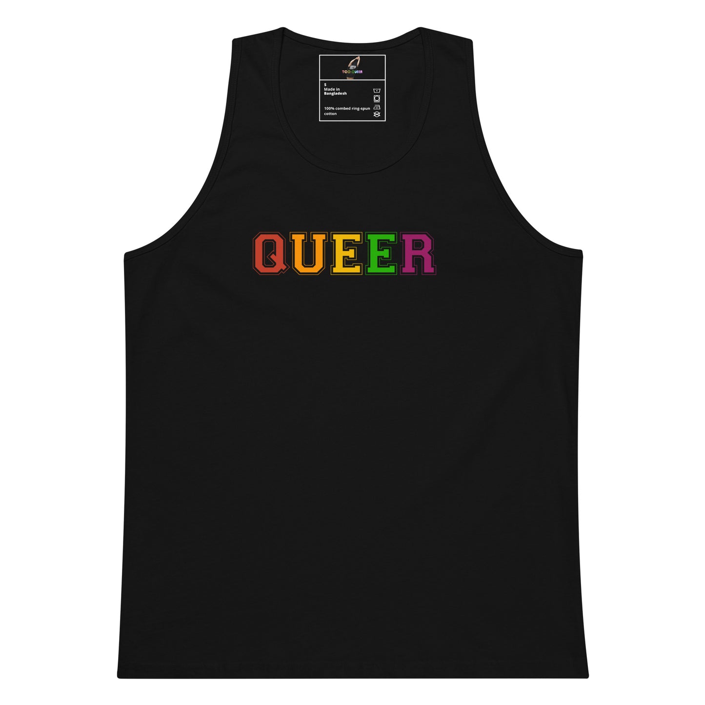 A black sleeveless tank top featuring the word 'QUEER' printed across the chest in a rainbow gradient, displayed on a solid white background.