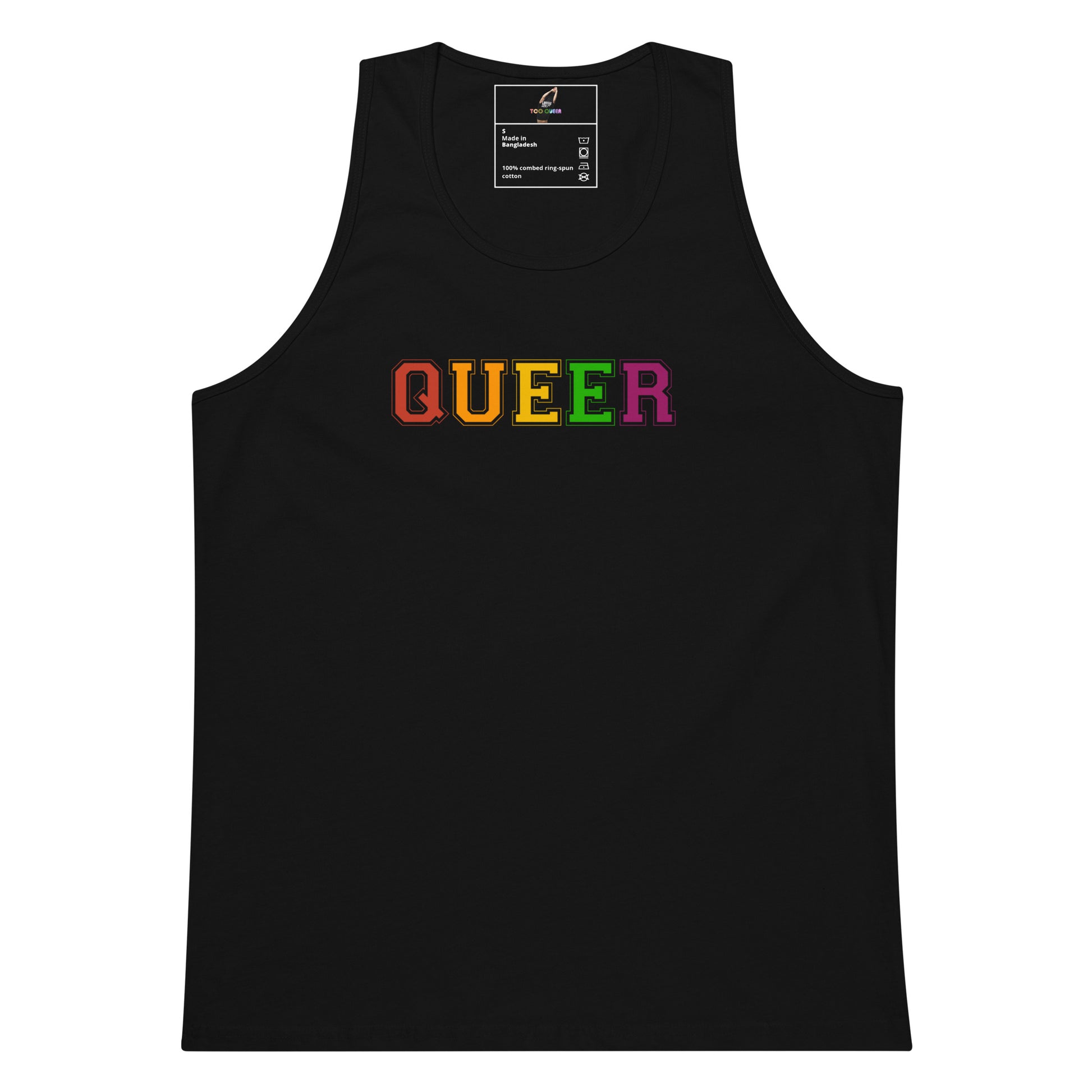 A black sleeveless tank top featuring the word 'QUEER' printed across the chest in a rainbow gradient, displayed on a solid white background.
