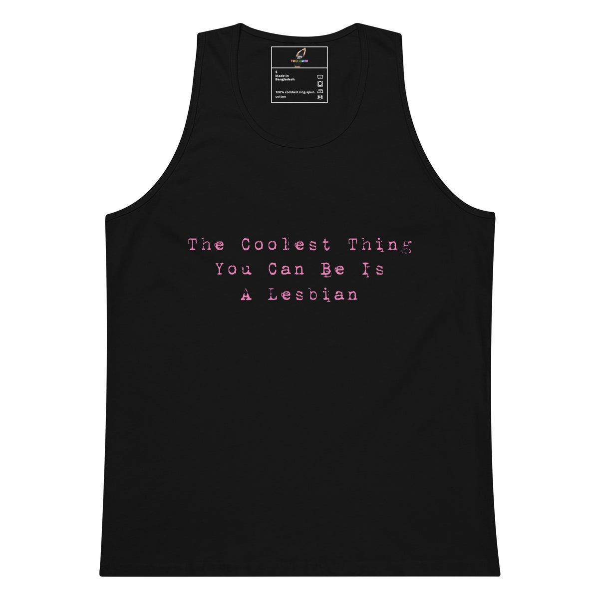 Black tank top with a logo on the chest against a white background