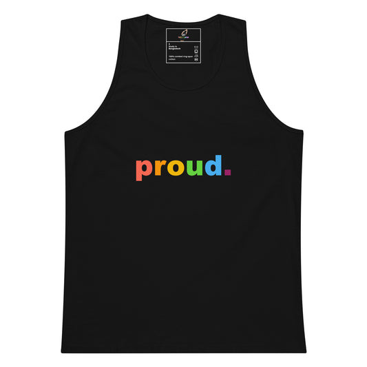 A black sleeveless tank top with the word 'proud.' printed across the chest in rainbow colors, shown flat against a white background.