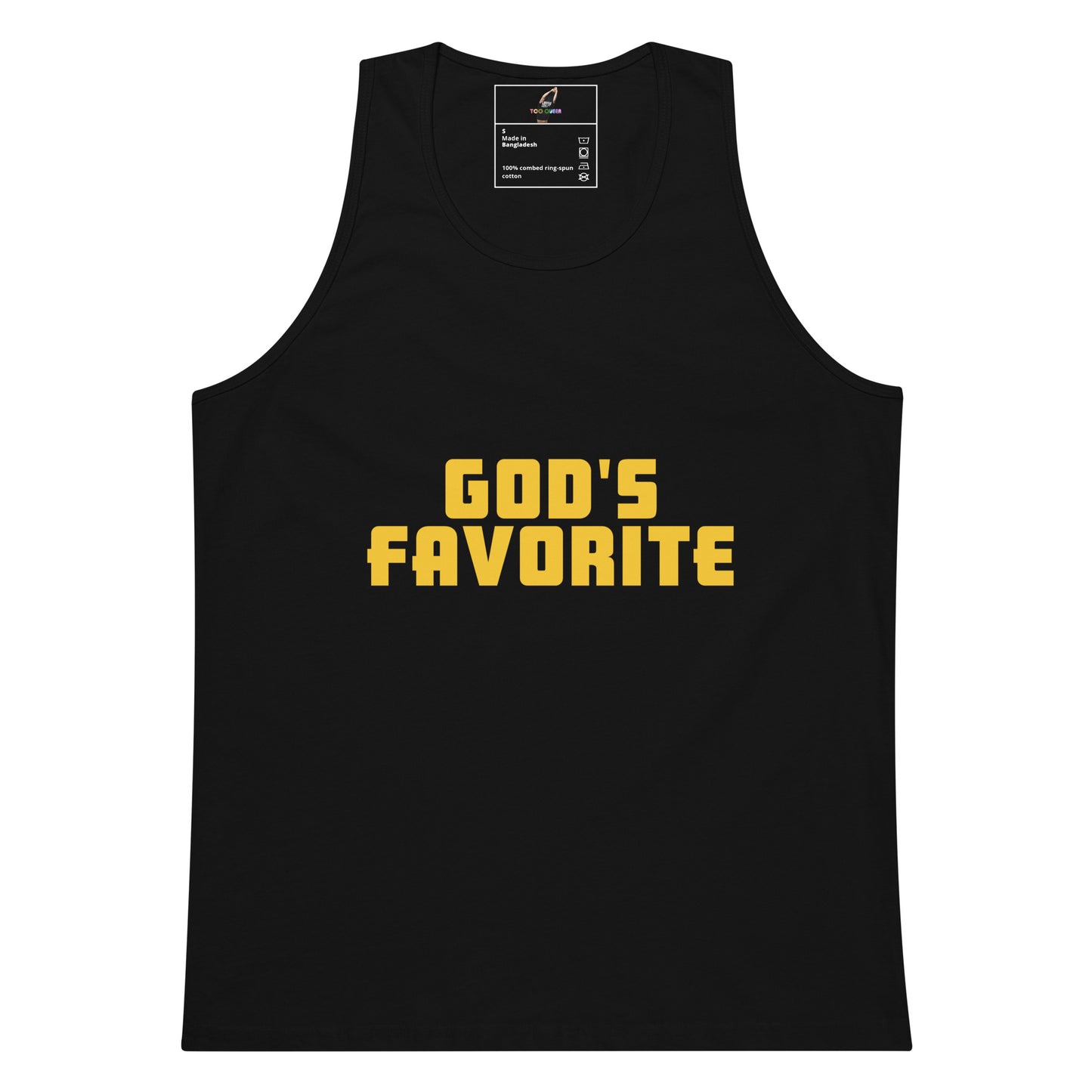 A black sleeveless tank top with the phrase 'GOD'S FAVORITE' printed across the chest in bold yellow block letters, shown against a plain white background.