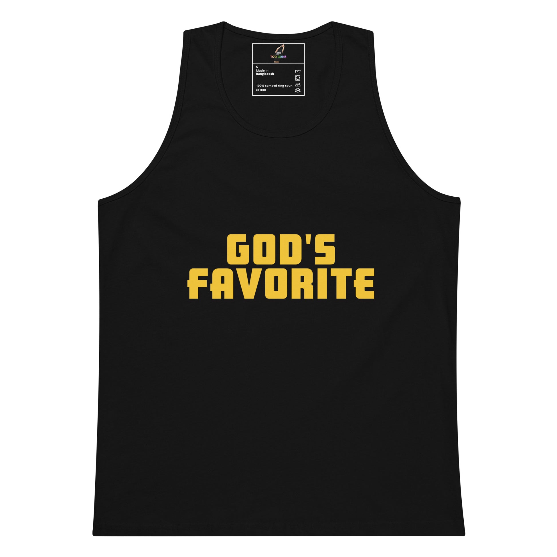 A black sleeveless tank top with the phrase 'GOD'S FAVORITE' printed across the chest in bold yellow block letters, shown against a plain white background.