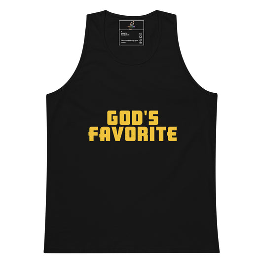 A black sleeveless tank top with the phrase 'GOD'S FAVORITE' printed across the chest in bold yellow block letters, shown against a plain white background.