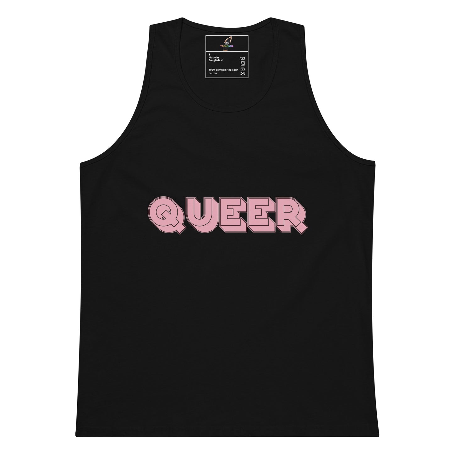 A black sleeveless tank top with the word 'QUEER' printed across the chest in pink bubble letters with a darker pink outline, shown on a plain white background.