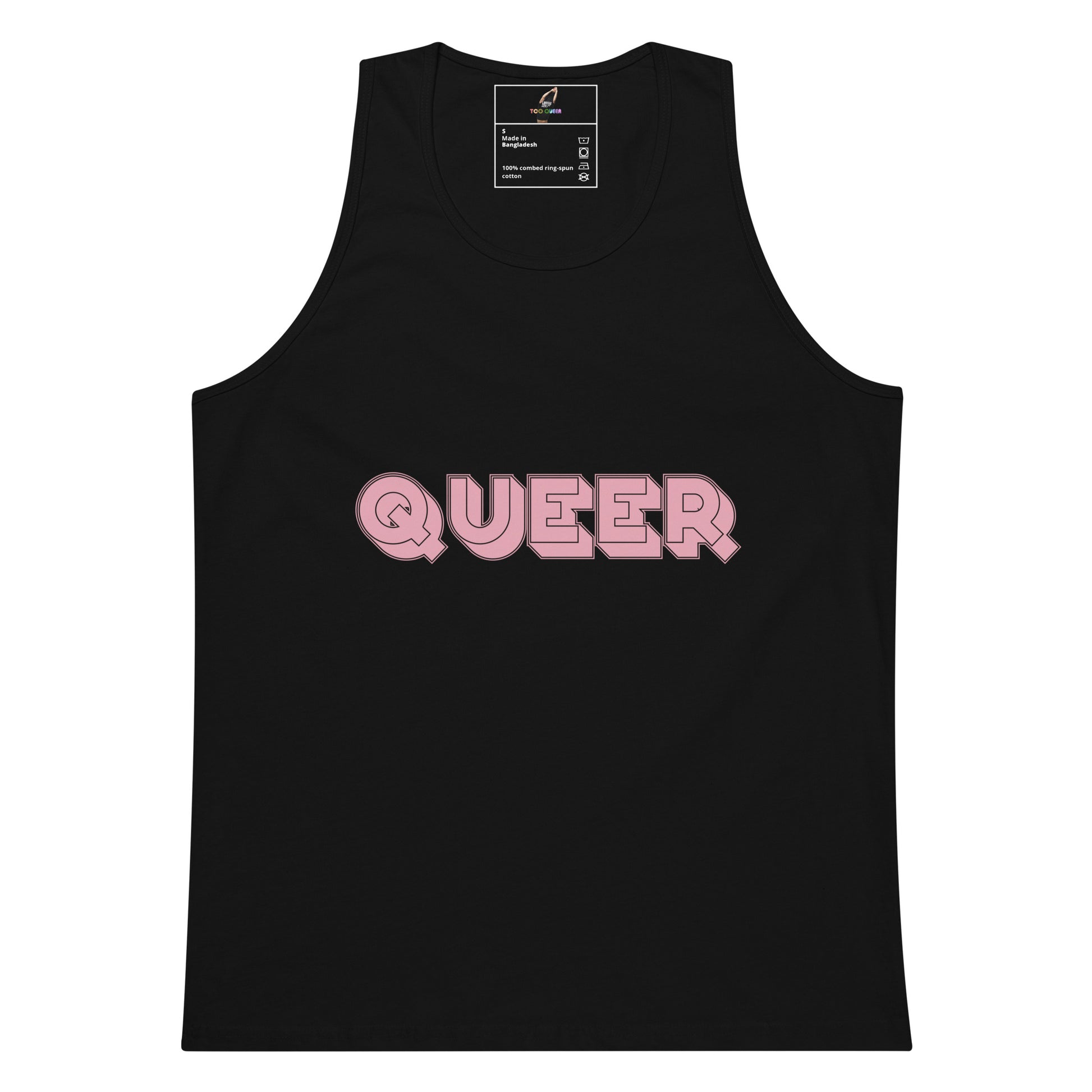 A black sleeveless tank top with the word 'QUEER' printed across the chest in pink bubble letters with a darker pink outline, shown on a plain white background.