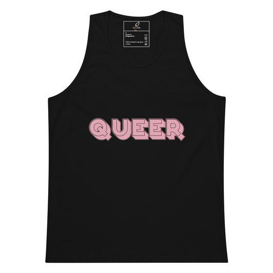 A black sleeveless tank top with the word 'QUEER' printed across the chest in pink bubble letters with a darker pink outline, shown on a plain white background.