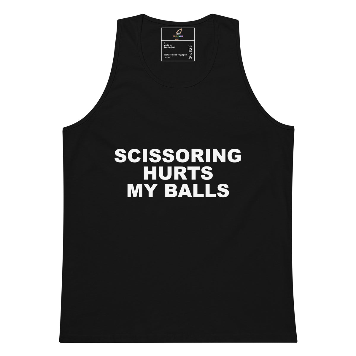 A black sleeveless tank top with bold white text on the front reading 'SCISSORING HURTS MY BALLS', shown against a plain white background.