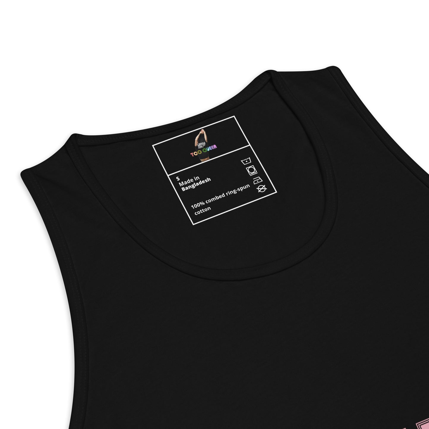 Close-up of a black sleeveless tank top showing the inner neck label with a small multicolor logo and white text on a clean white background.