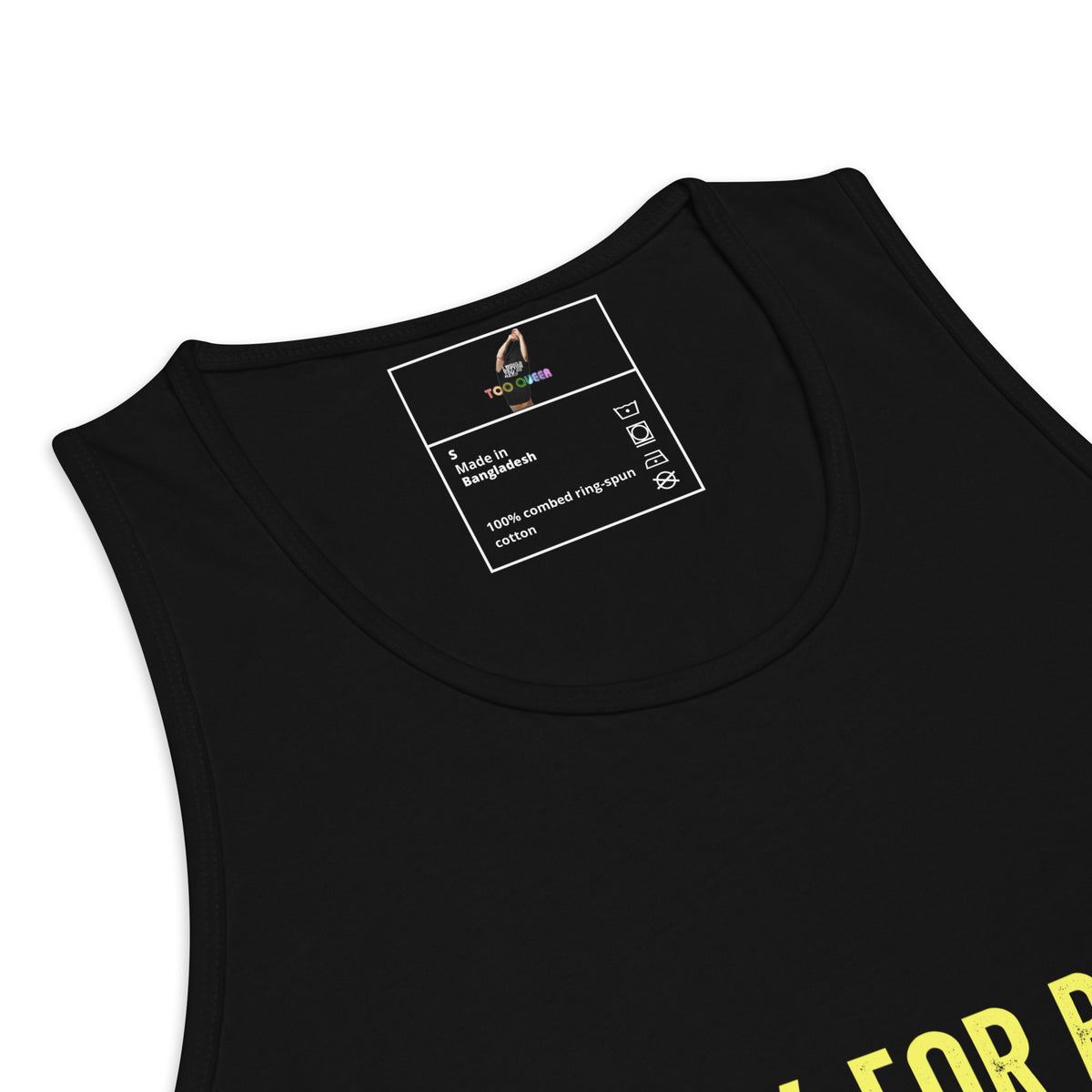 Black tank top with green graphic design on a white background