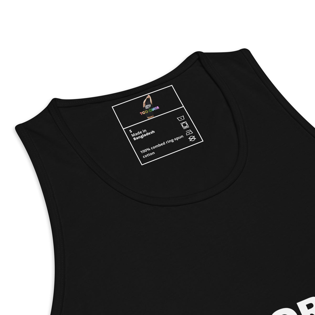 Black tank top with a white logo on a white background