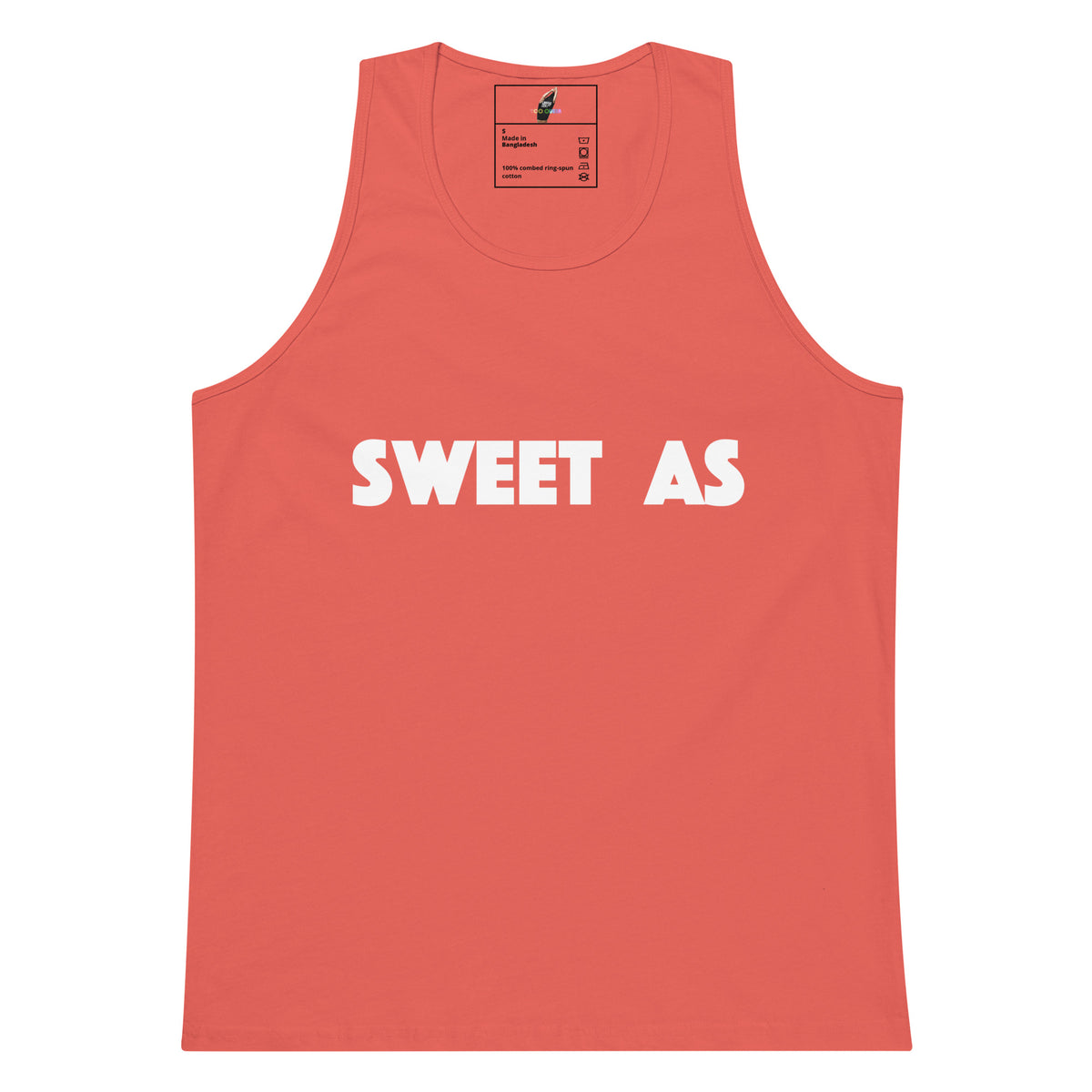 A coral pink sleeveless tank top with the words 'SWEET AS' printed in bold white capital letters across the chest, displayed flat against a plain white background.