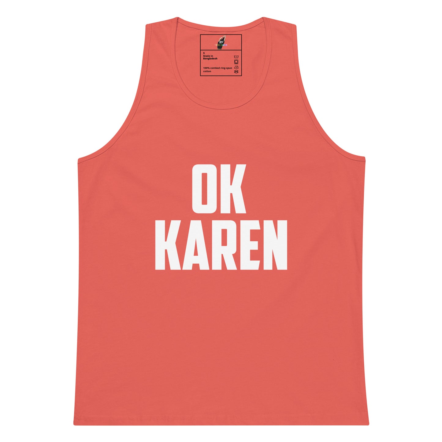 A coral pink sleeveless tank top with the words 'OK KAREN' printed in bold white capital letters across the front, shown on a plain white background.