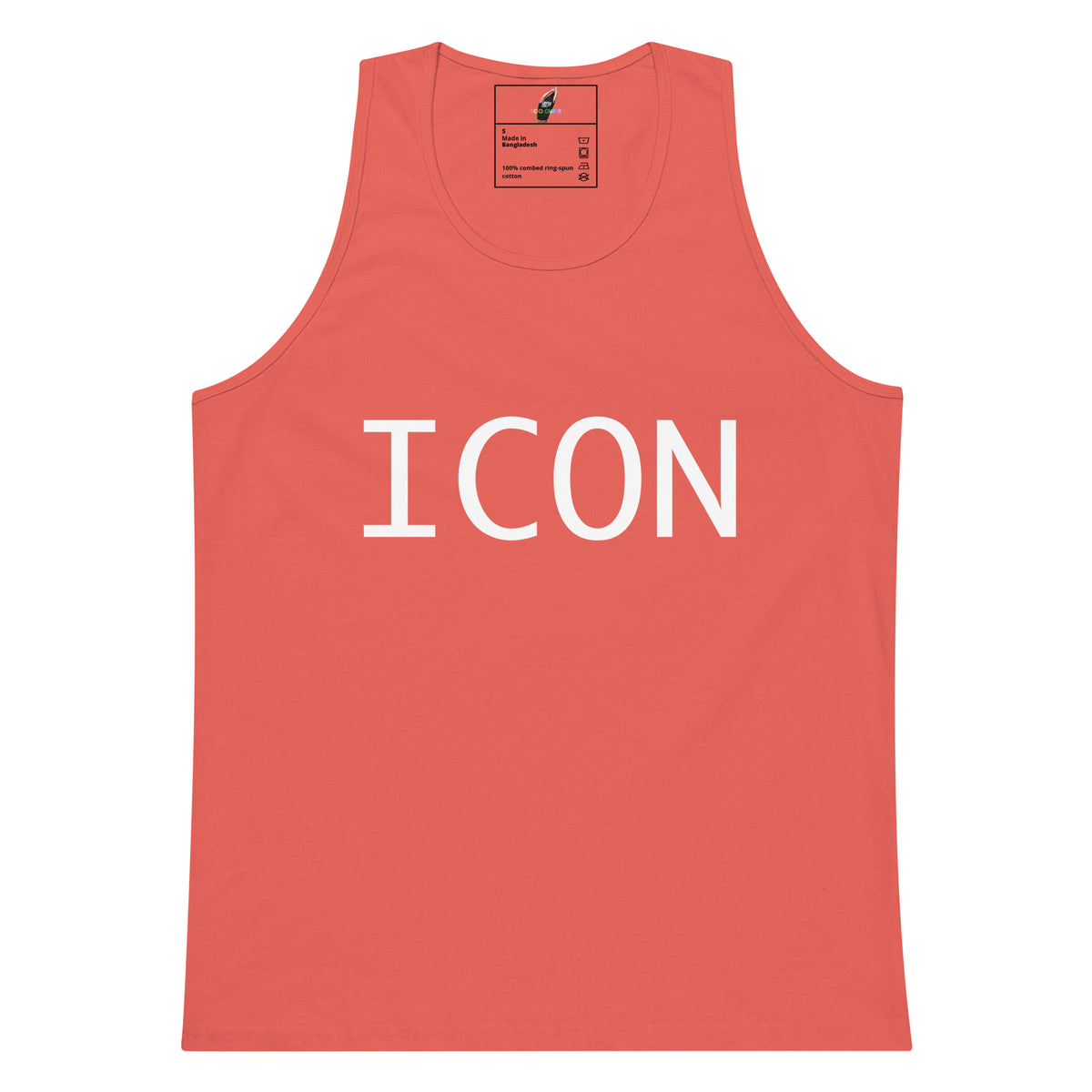 A coral pink sleeveless tank top with the word 'ICON' printed in bold white capital letters across the chest, displayed flat against a plain white background.