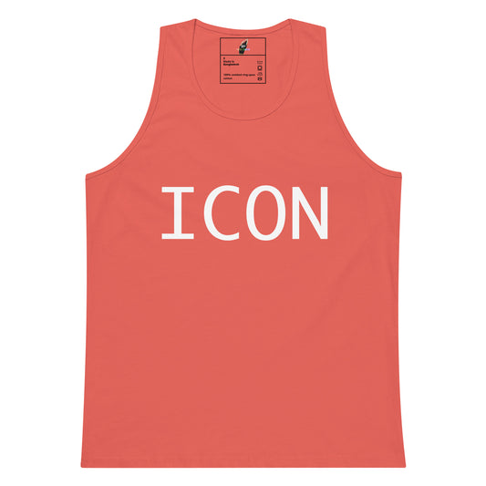 A coral pink sleeveless tank top with the word 'ICON' printed in bold white capital letters across the chest, displayed flat against a plain white background.