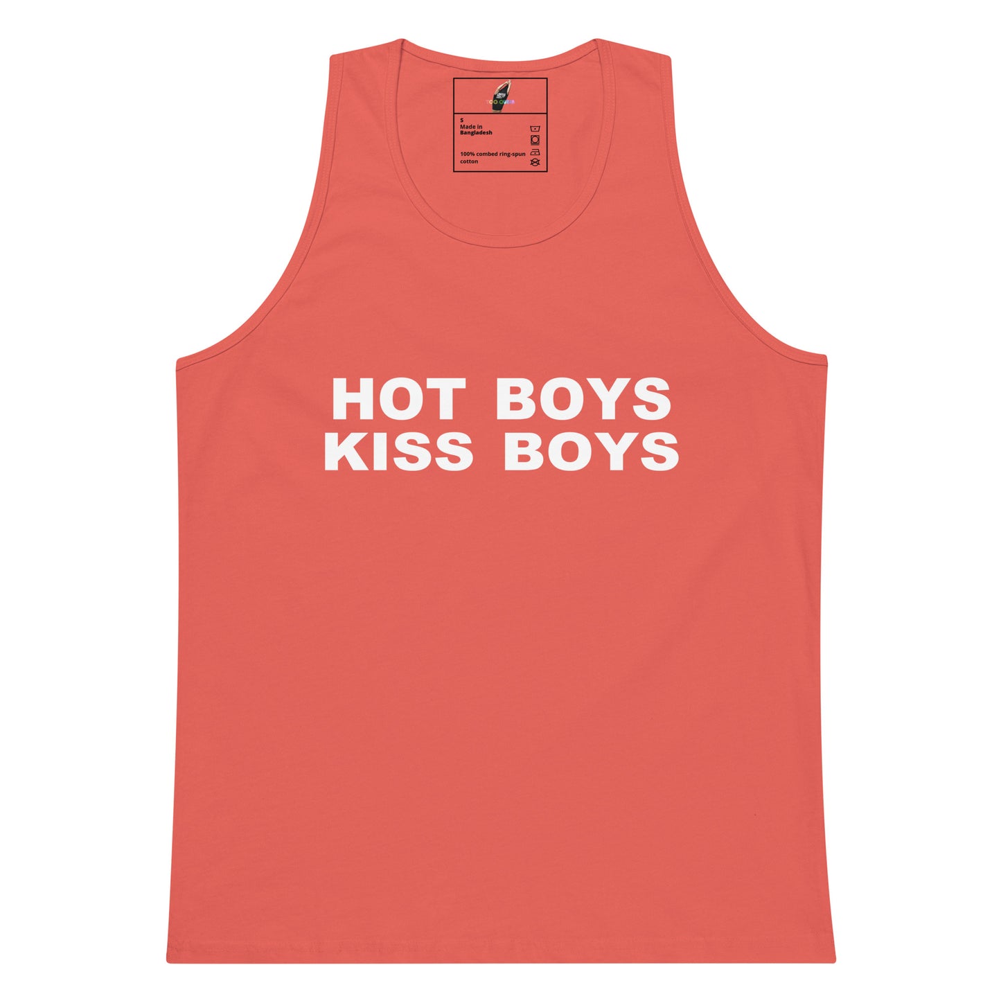 A coral pink sleeveless tank top with the words 'HOT BOYS KISS BOYS' printed in bold white capital letters across the chest, displayed flat against a white background.