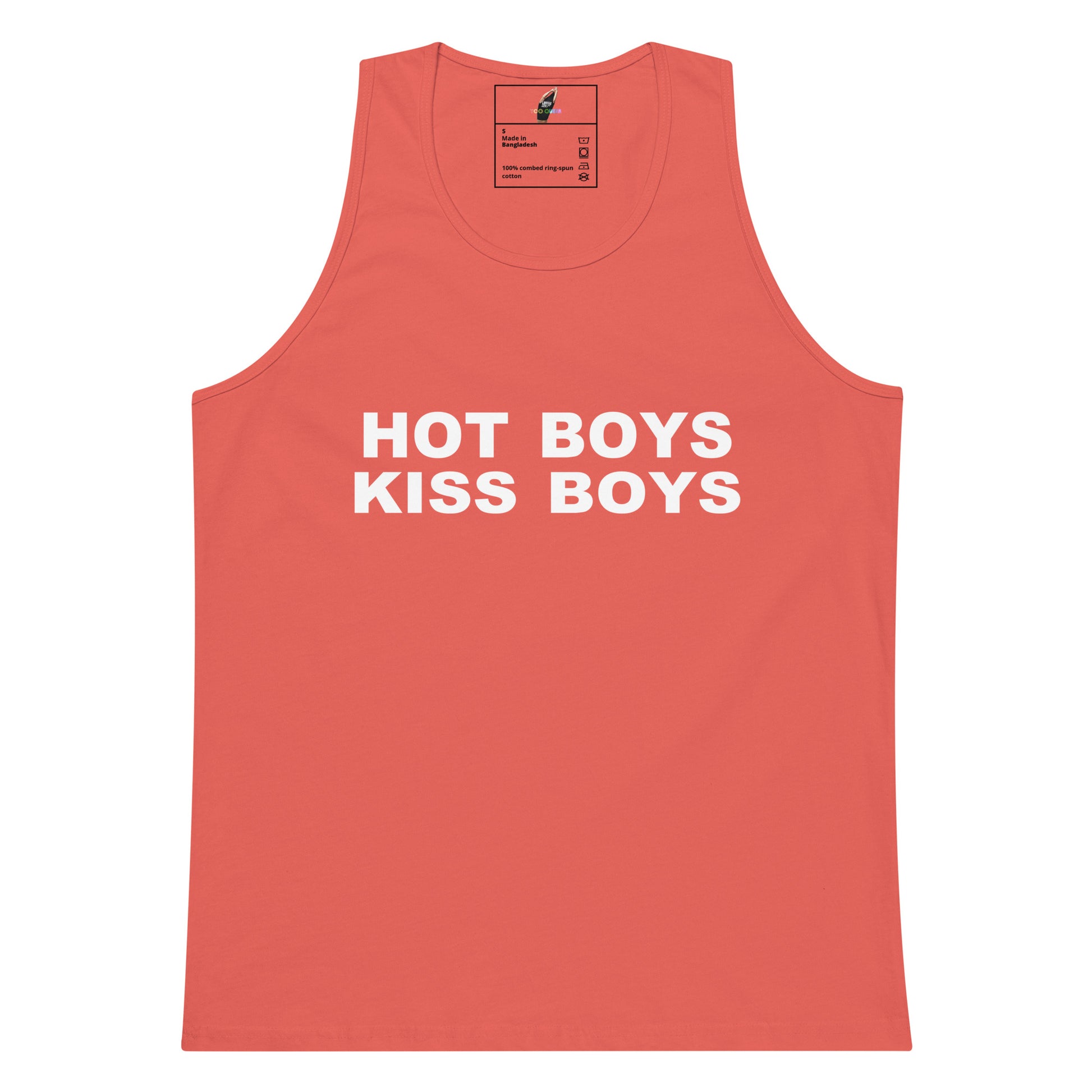 A coral pink sleeveless tank top with the words 'HOT BOYS KISS BOYS' printed in bold white capital letters across the chest, displayed flat against a white background.