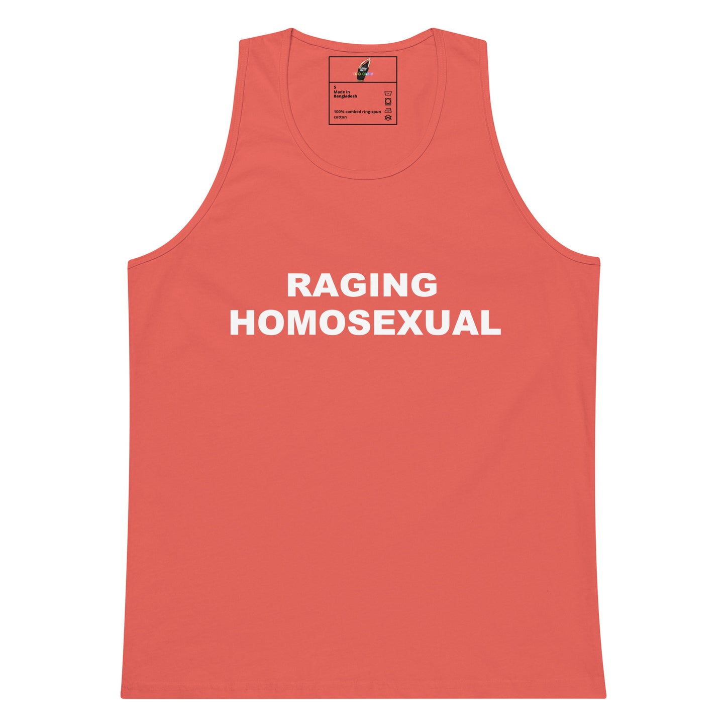 A coral pink tank top with the words 'RAGING HOMOSEXUAL' printed in bold white capital letters across the chest, displayed flat against a solid white background.