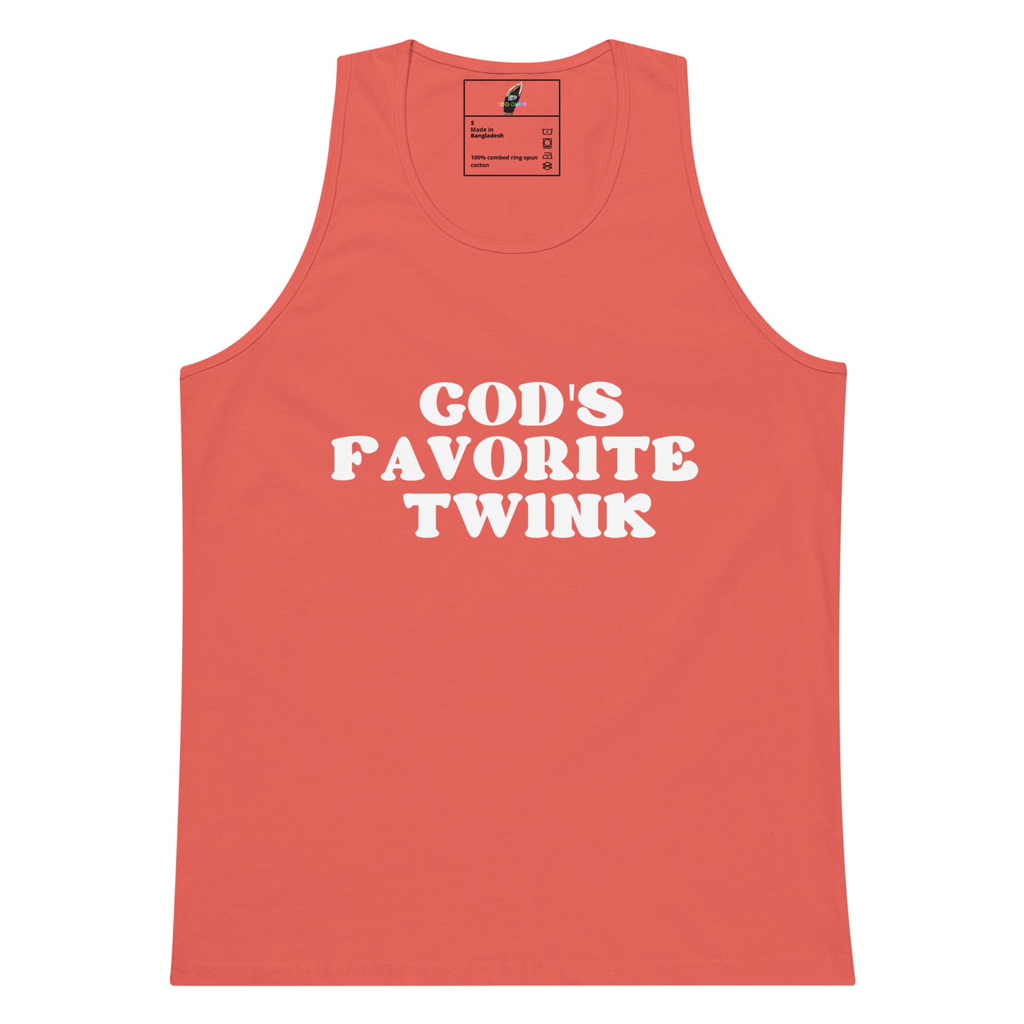 A coral pink sleeveless tank top with the phrase 'GOD'S FAVORITE TWINK' printed in bold white capital letters across the chest, displayed flat against a solid white background.