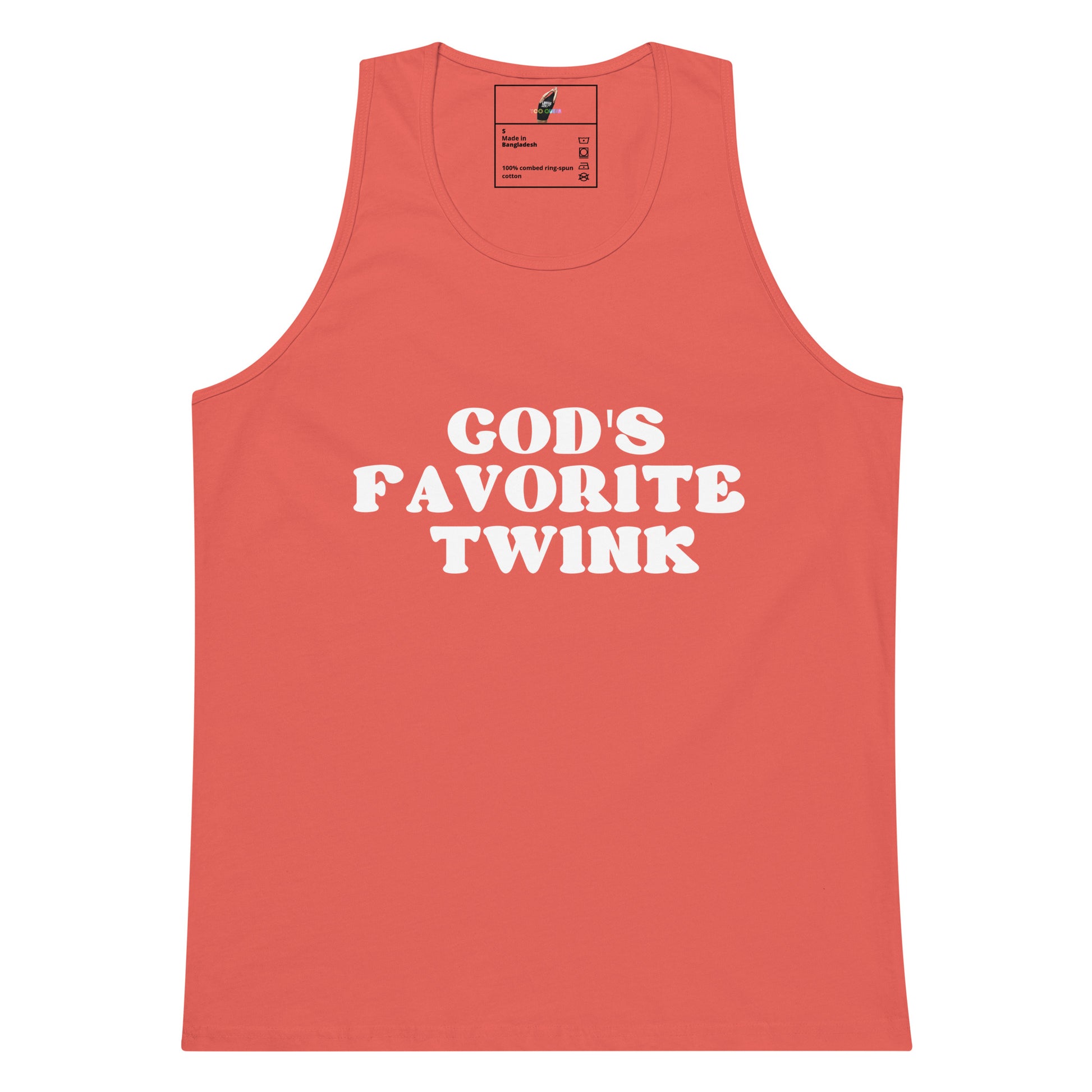 A coral pink sleeveless tank top with the phrase 'GOD'S FAVORITE TWINK' printed in bold white capital letters across the chest, displayed flat against a solid white background.