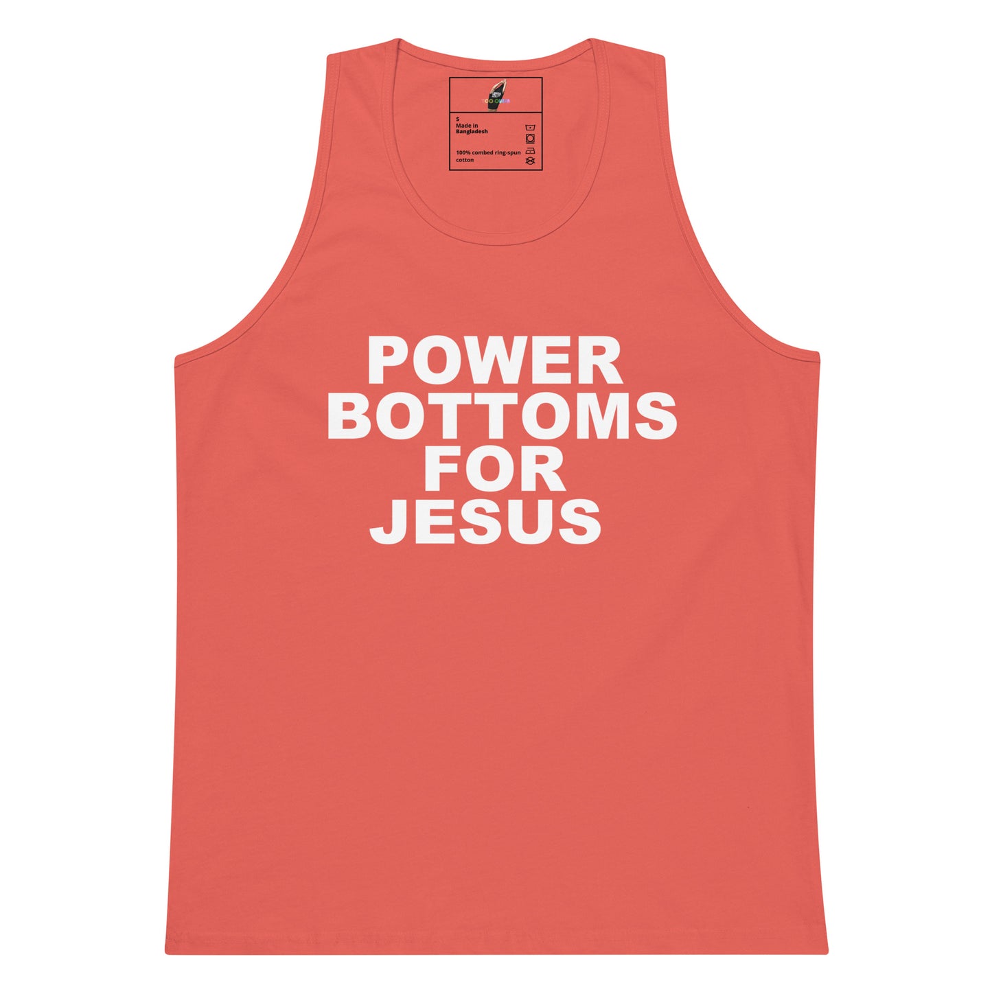 A coral pink sleeveless tank top with the phrase 'POWER BOTTOMS FOR JESUS' printed in bold white capital letters across the chest, shown against a plain white background.