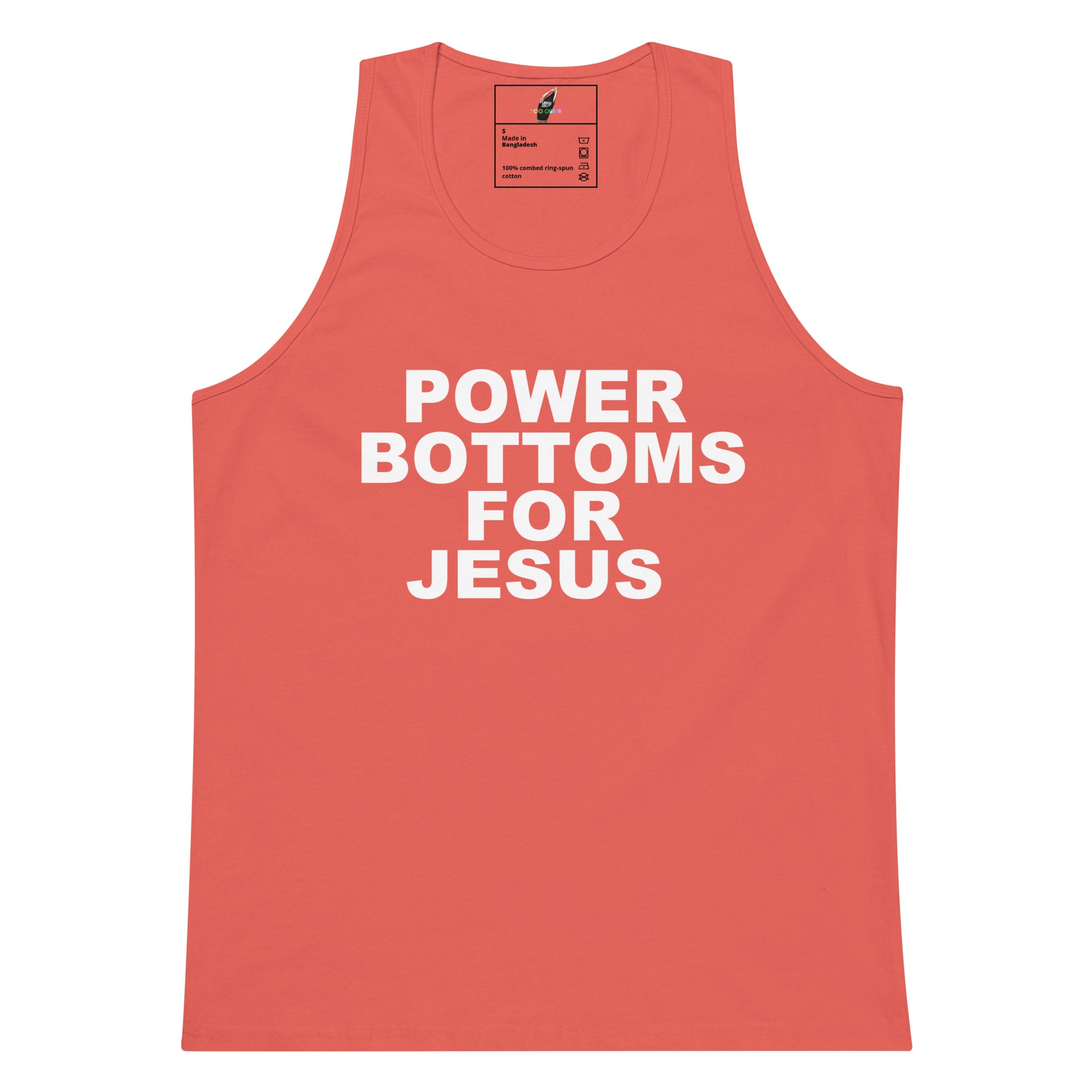 A coral pink sleeveless tank top with the phrase 'POWER BOTTOMS FOR JESUS' printed in bold white capital letters across the chest, shown against a plain white background.