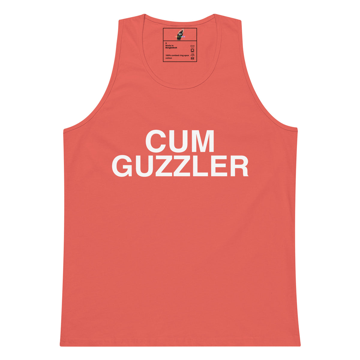 A coral pink sleeveless tank top with the words 'CUM GUZZLER' printed in bold white capital letters across the chest, displayed flat against a solid white background.