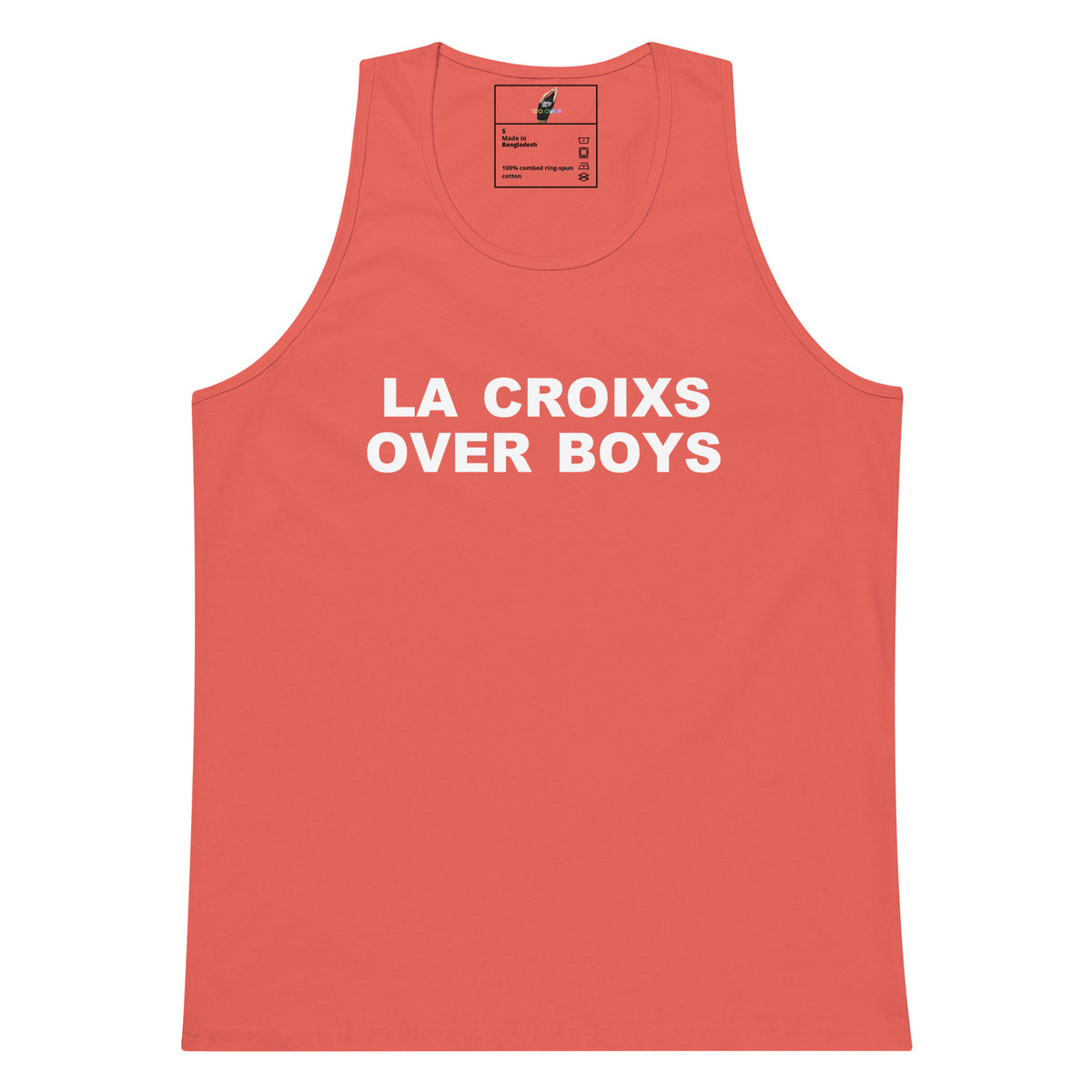 A coral pink sleeveless tank top with the phrase 'LA CROIXS OVER BOYS' printed in bold white capital letters across the chest, displayed flat against a solid white background.