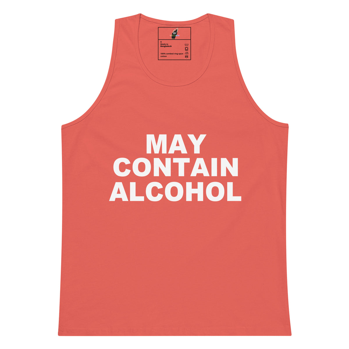A coral pink sleeveless tank top with bold white text reading 'MAY CONTAIN ALCOHOL' on the front, shown flat against a white background.