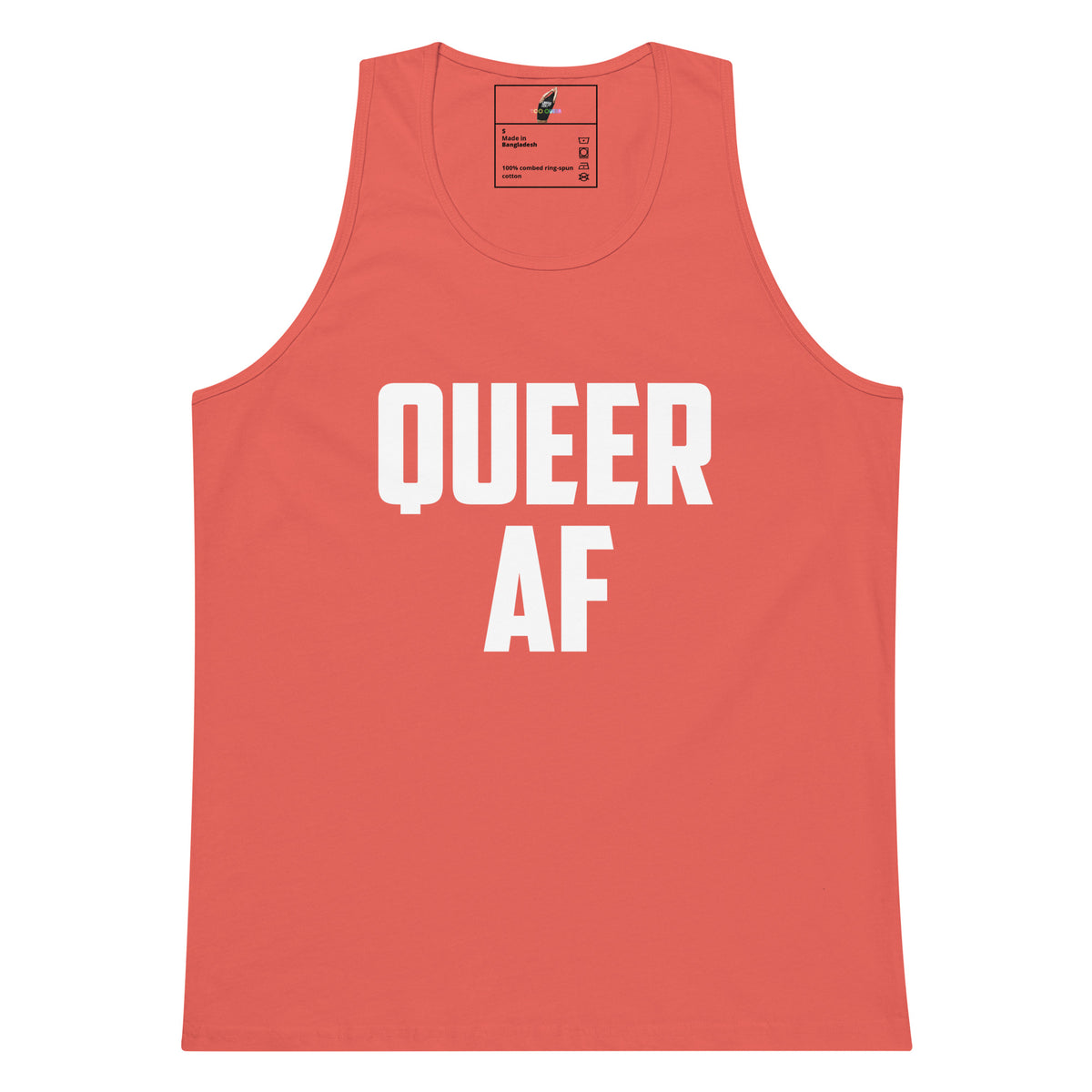 A coral pink tank top with the words 'QUEER AF' printed in bold white capital letters across the front, shown on a plain white background.