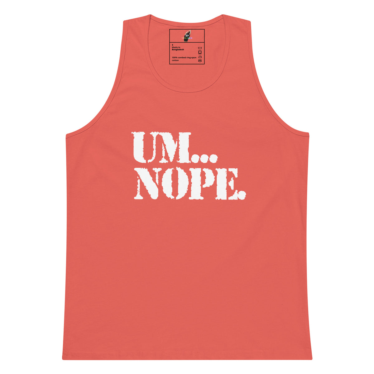 A coral red tank top with the text 'UM.