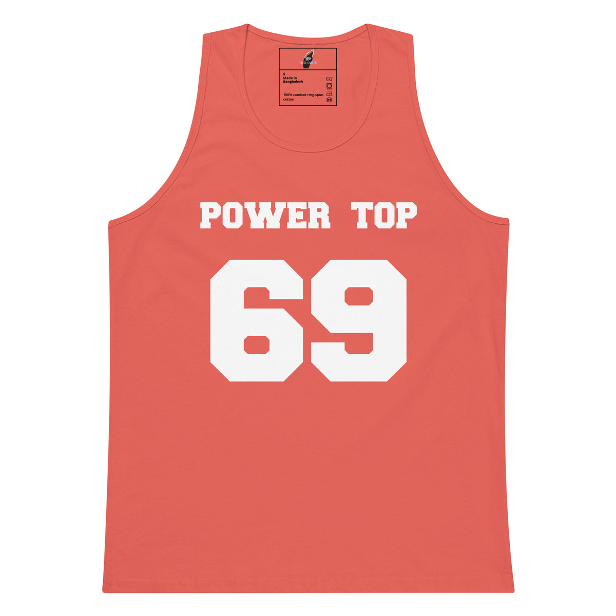 A coral red tank top with 'POWER TOP' and the number '69' printed in white on the front, displayed flat against a white background.