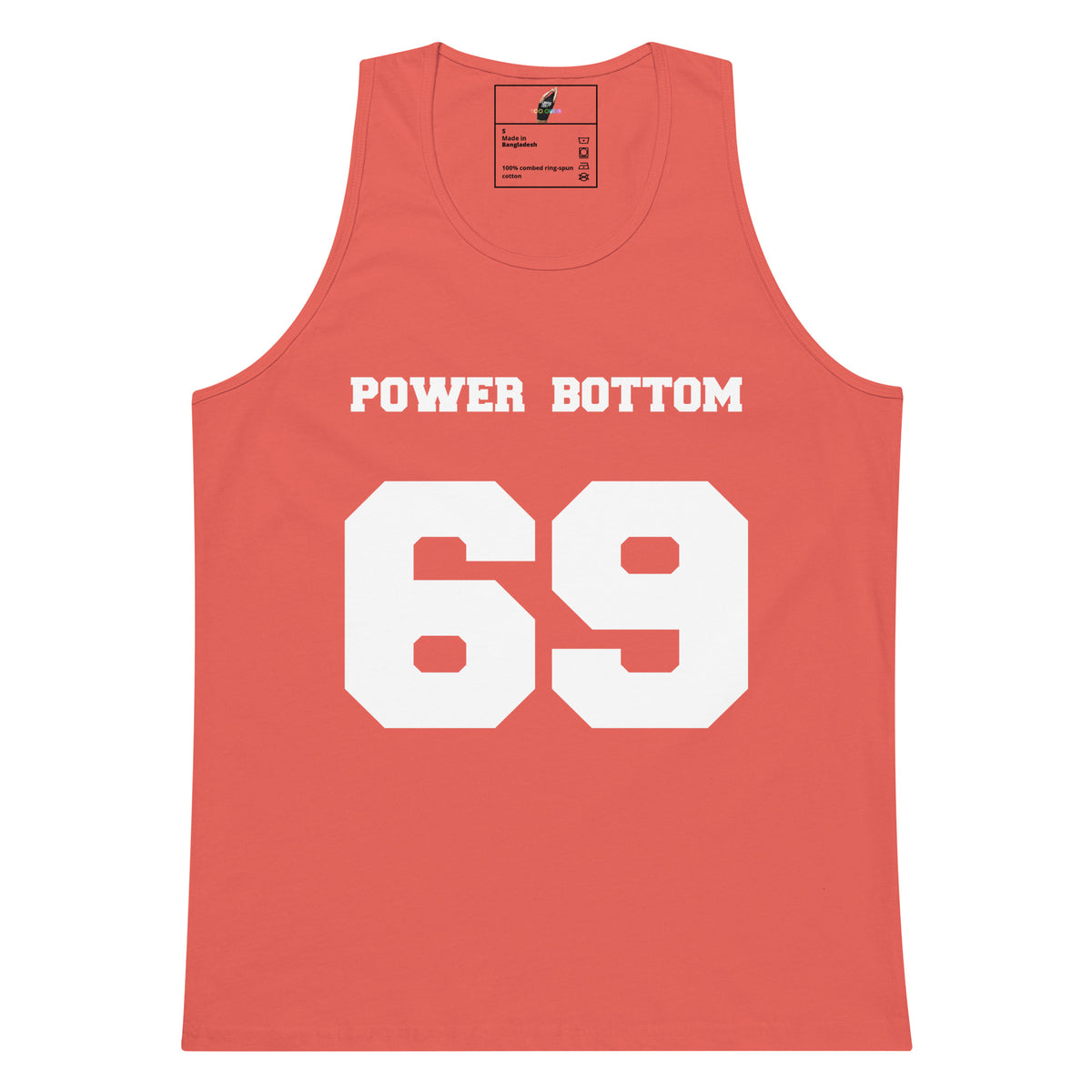 A coral red tank top with 'POWER BOTTOM' and the number '69' printed in bold white on the front, displayed flat against a white background.