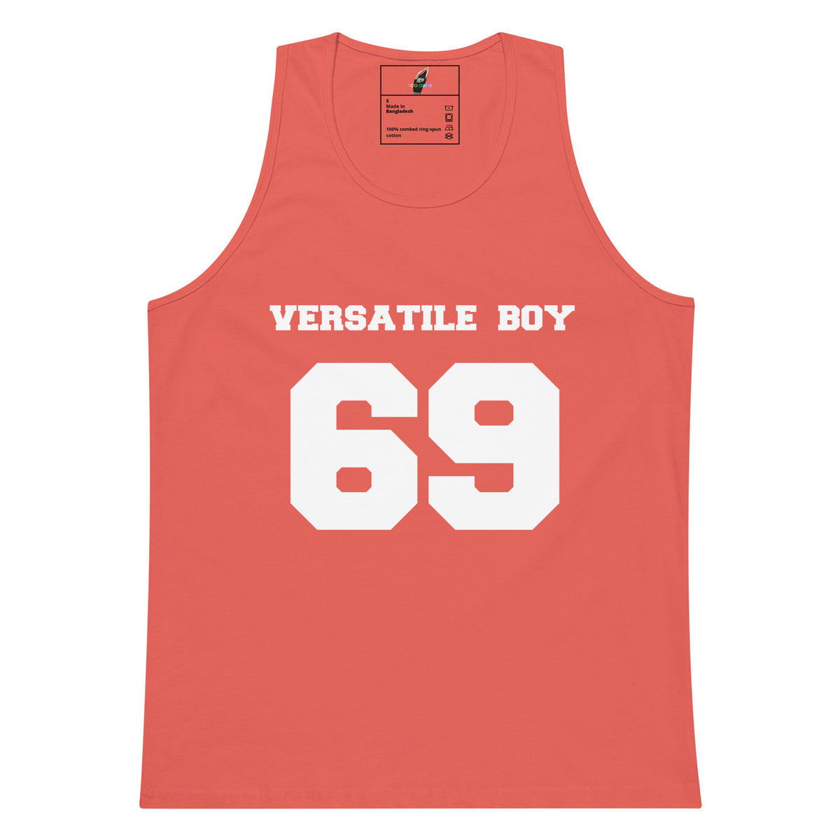 A coral red tank top with 'VERSATILE BOY' and the number '69' printed in white on the front, displayed flat against a white background.