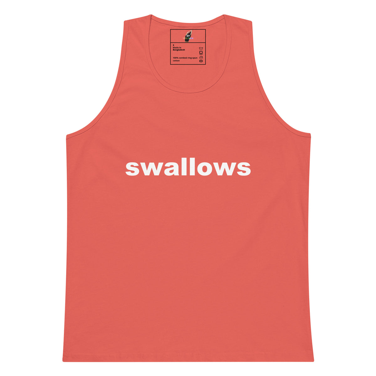 A coral pink sleeveless tank top with the word 'swallows' printed in white lowercase letters across the chest, displayed flat against a solid white background.