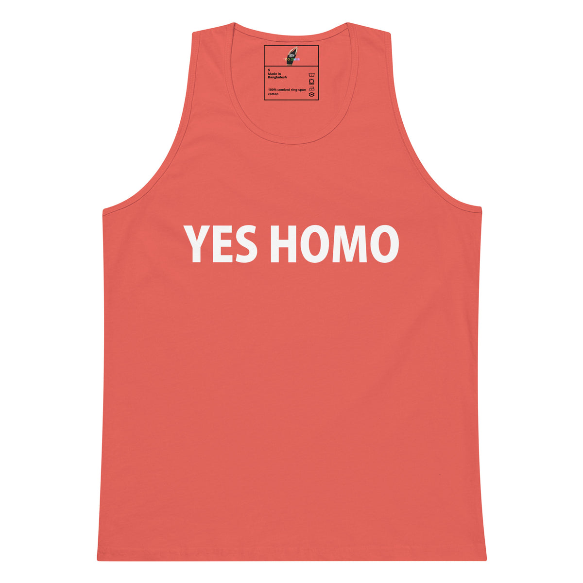 A coral pink sleeveless tank top with the words 'YES HOMO' printed in bold white capital letters across the chest, shown flat against a plain white background.